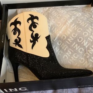 INC International Concepts Black & Cream Rhinestone Western Ankle Boots
